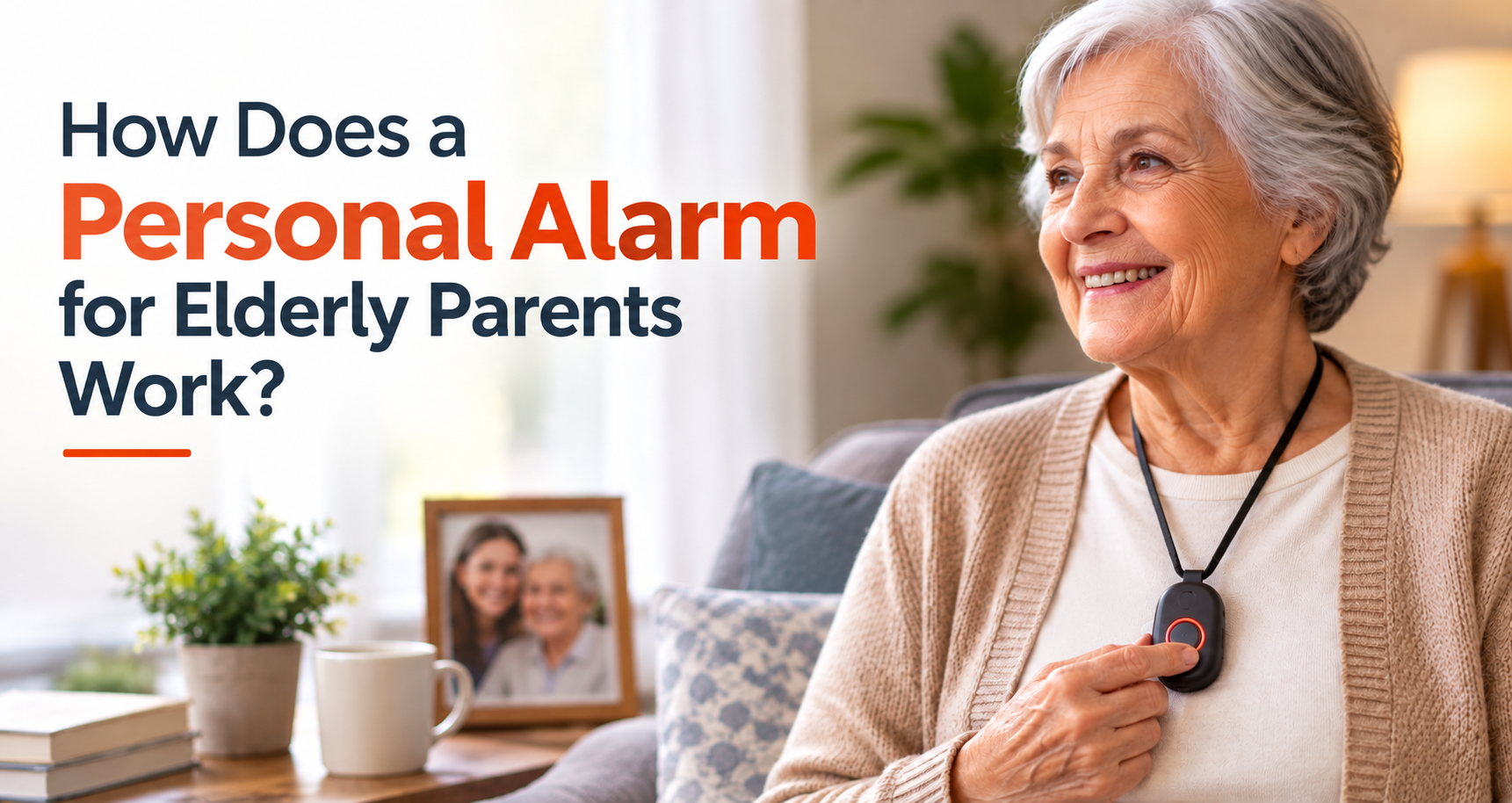 Elderly woman wearing a personal safety alarm pendant at home