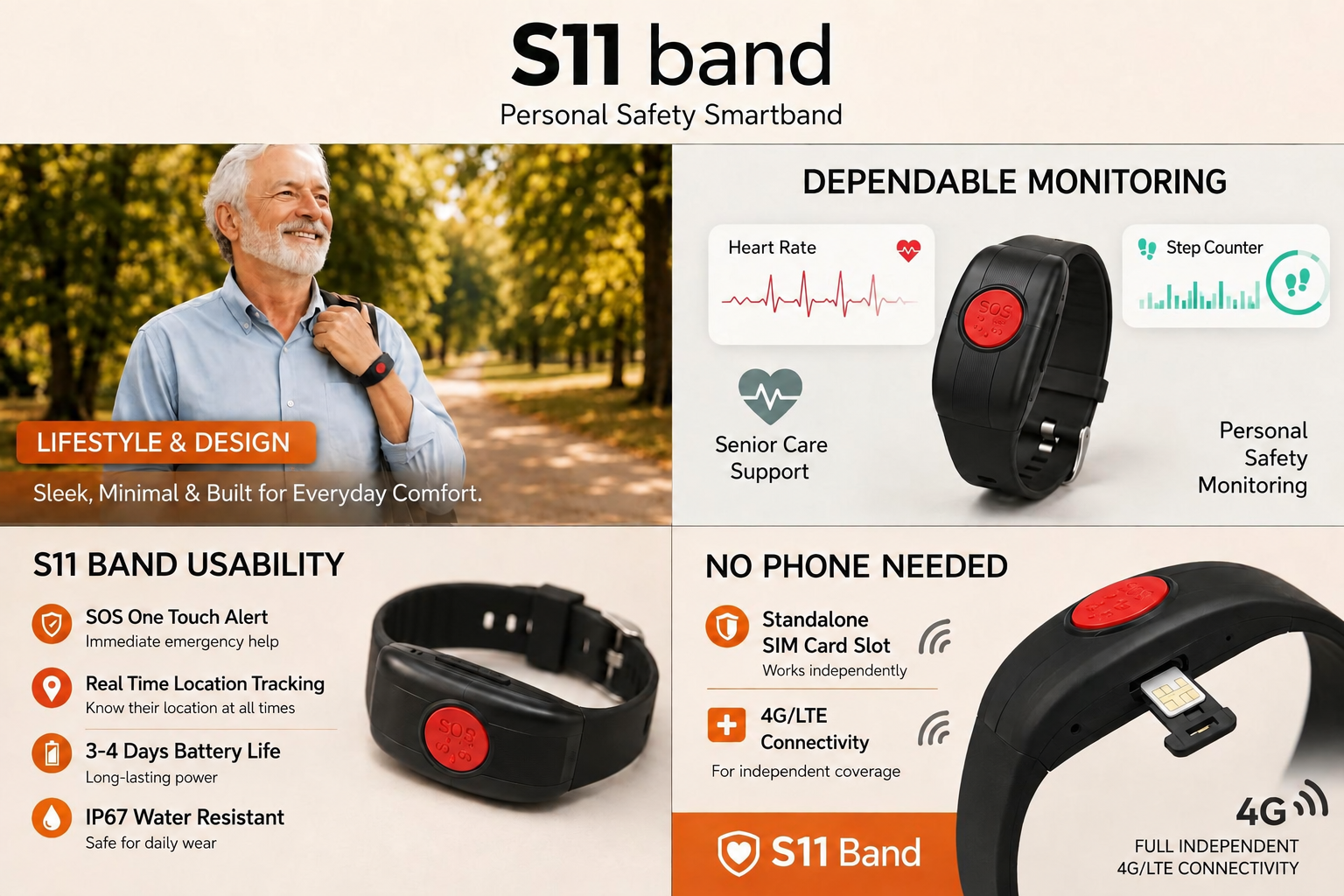 S11 Band safety smartband infographic showing the SOS button, monitoring features and 3–4 days battery life